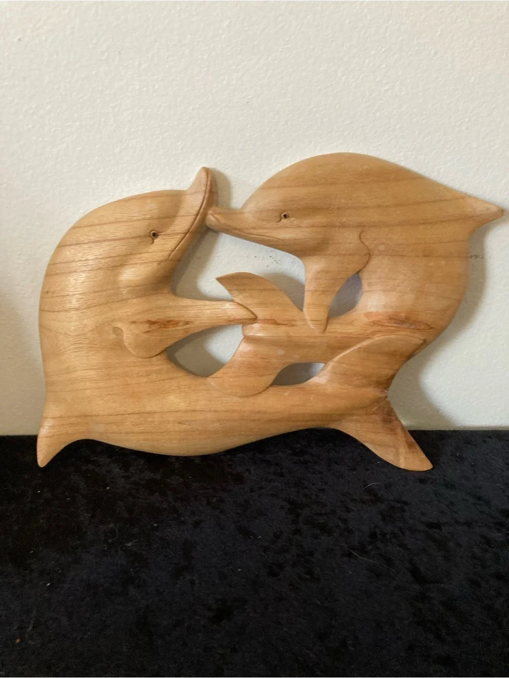 Carved Wooden Dolphin Wall Art - Natural Wood Tone